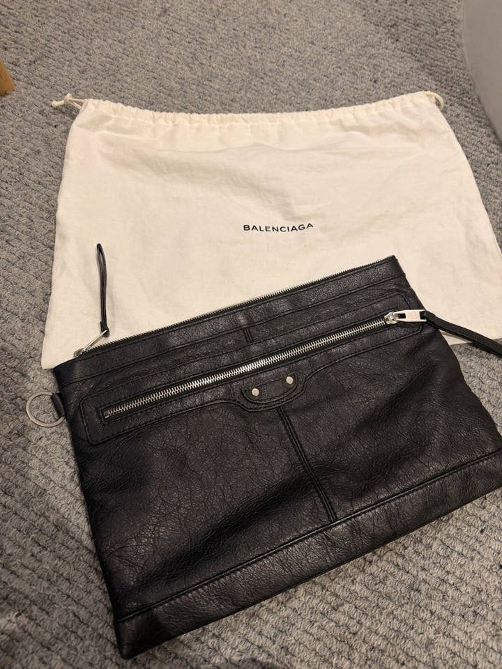 Balenciaga Black Leather Zip Clutch Wrist Strap Pouch w/ Original Dust Bag