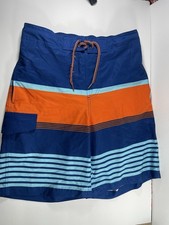 George Men  s Swim Trunks Size S Small 28-30 Blue Orange Striped Board Shorts