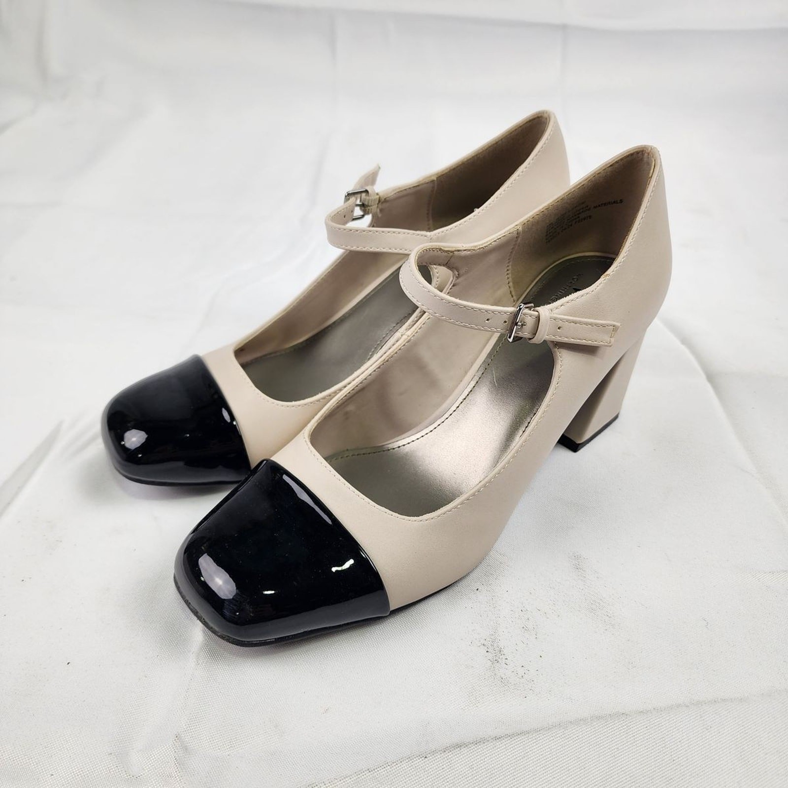 Worthington Women's Larcie Mary Jane Block Heel Pumps Nude Black Patent Cap Toe