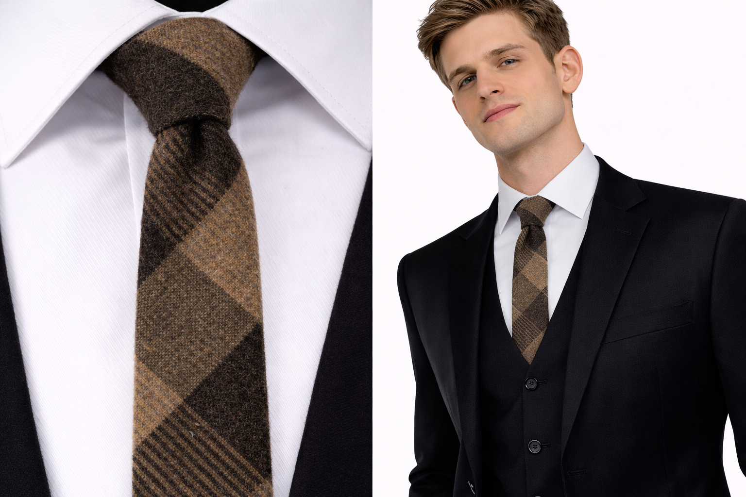Coffee Wool Men's Tie Premium Brown Check Tartan Thick Necktie Slim Plaid UK
