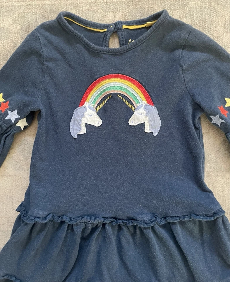 Mini Boden Navy Rainbow Unicorn Appliqué Long Sleeve Tiered Dress Size 4-5Y - Image 3 of 4