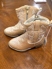 Girls Gold Glitter Western Cowgirl Ankle Boots Side Zip Faux Leather Size 7.5