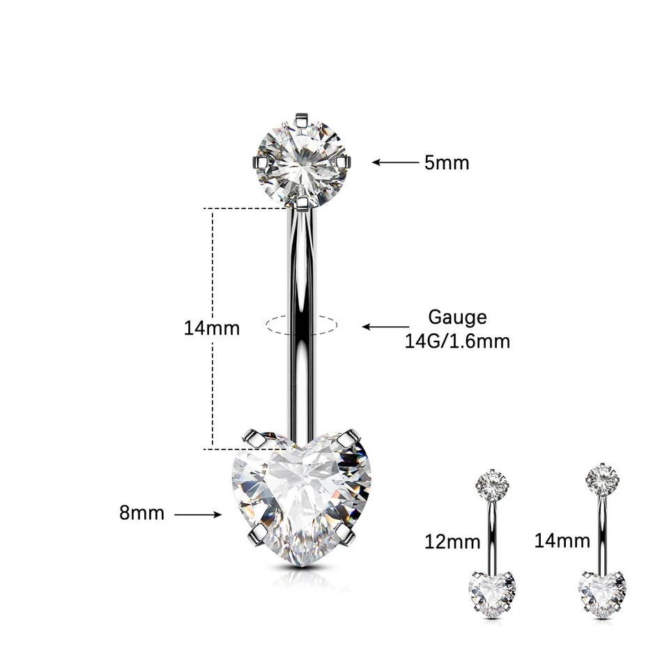 Anillo ombligo colgante G23 titanio corte corazón circonita cúbica 14G ombligo piercing joyería Foto 2 de 4