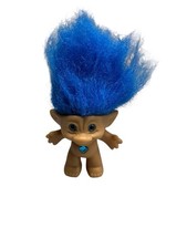 Vintage Ace Novelty Treasure Troll Doll Cobalt Blue Hair Jewel Belly Heart 3"