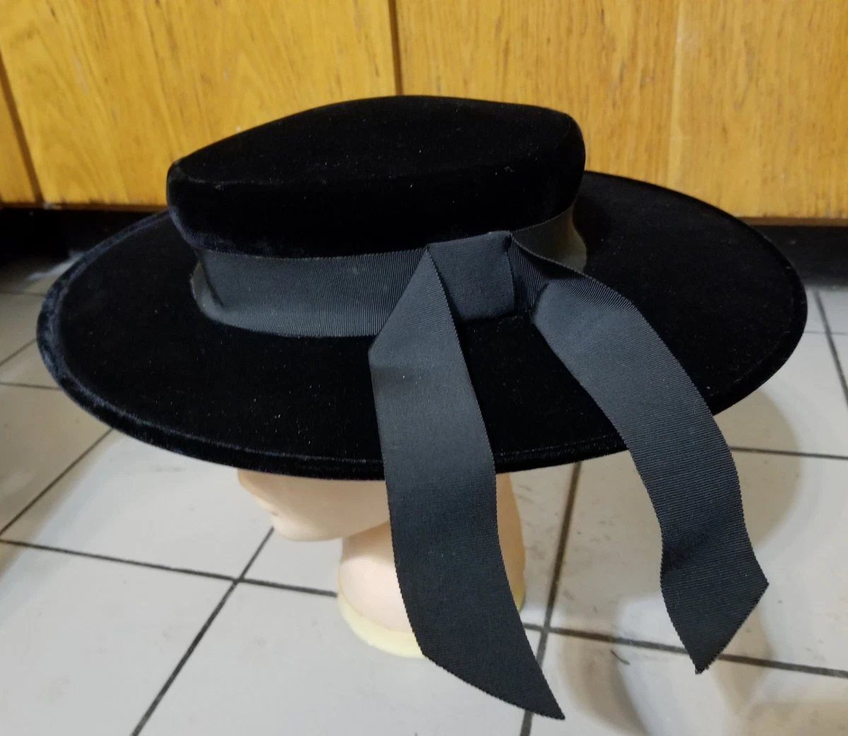 Antique Victorian Edwardian 1900s Black Velvet Wire Frame Slouchy Bow Top Hat Vintage Hats for Women main image 3