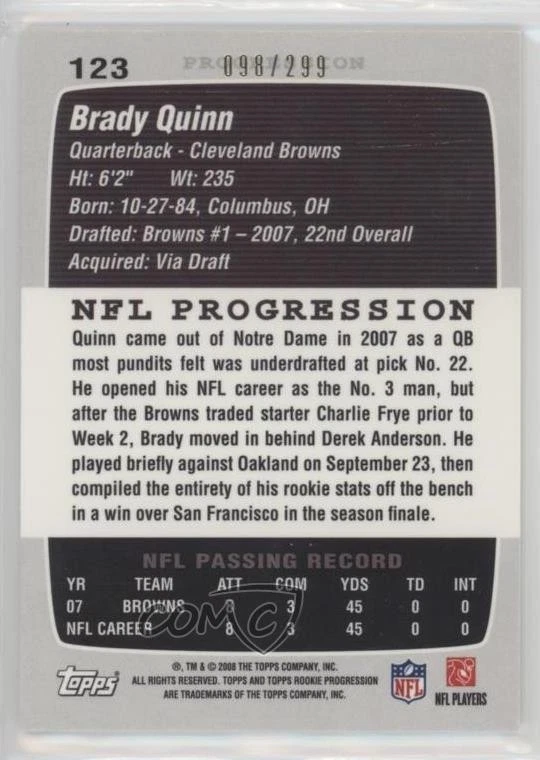 2008 Topps Rookie Progression Silver /299 Brady Quinn #123 - Image 2 of 2