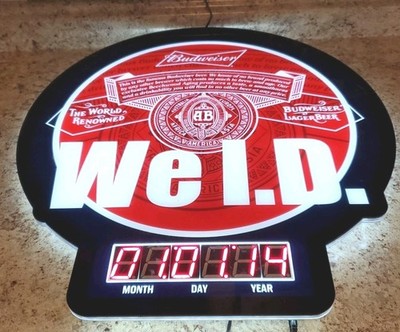 BUDWEISER BEER LIGHT UP LED “WE I.D” SIGN CLOCK CALENDAR * ** FREE