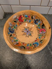 Mexican Decorative Hand-Painted Floral Wooden Serving Plate Shallow Bowl 11"