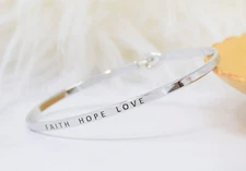 FAITH HOPE LOVE  | Inspired Message Engraved Simple Bangle | SILVER