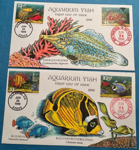 #3317-3320 AQUARIUM FISH set of 2  FDC's COLLINS  hand-painted PERFECT!!!