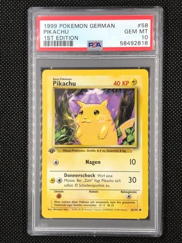 Pokemon Card German 1999 Base Set Pikachu 58/102 1st Edition PSA 10 GEM MINT