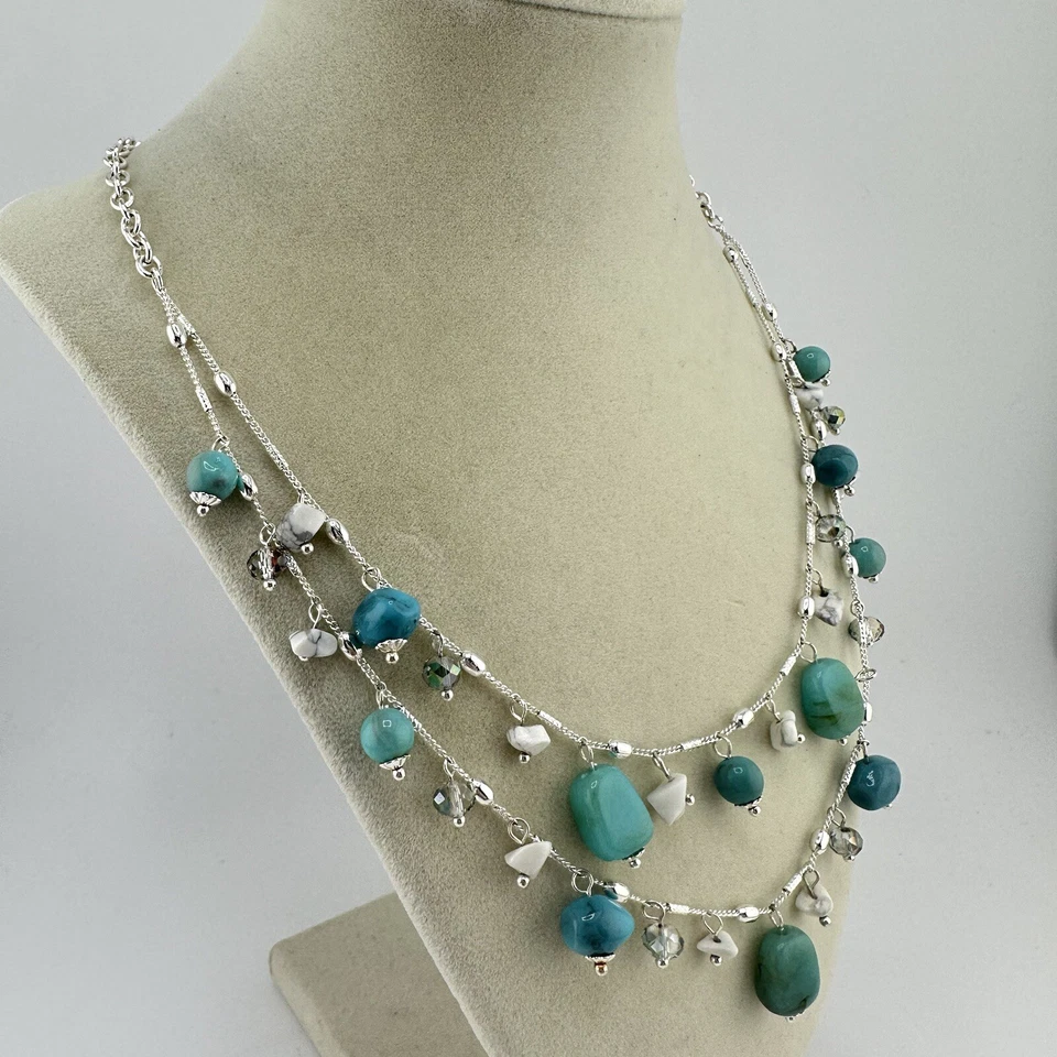 23” Chico’s Silver Tone Double Strand Blue Acrylic $ Howlite Bead Necklace - Image 2 of 4