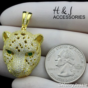 Authentic MEN WOMEN 925 STERLING SILVER ICY CZ GOLD PLATED 3D LEOPARD HEAD PENDANT*AGP199