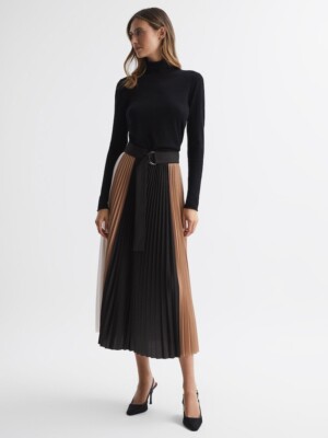REISS Ava Colourblock Pleated Midi Skirt in Black/Camel (UK