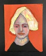 Original Blonde Woman Oil Portrait Painting 9x11 Expressive Orange Naive Artwork