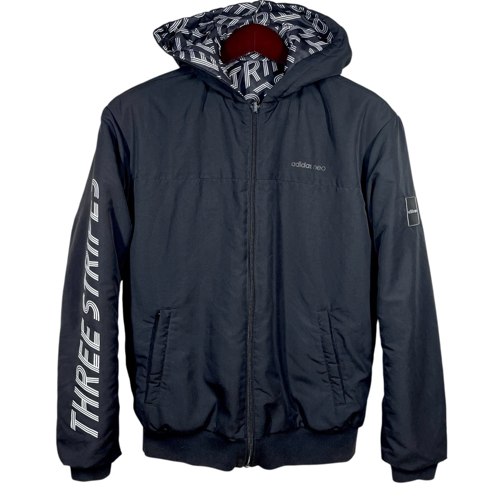 Adidas Neo Reversible Puffer Hoodie Jacket Medium Black Logo Graphic Print - product detail image 1