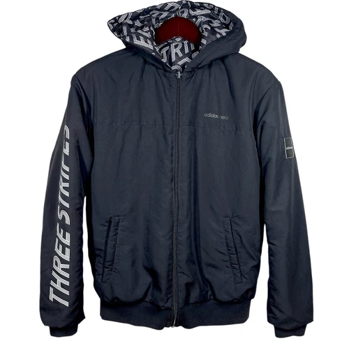 Adidas Neo Reversible Puffer Hoodie Jacket Medium Black Logo Graphic Print - product listing photo
