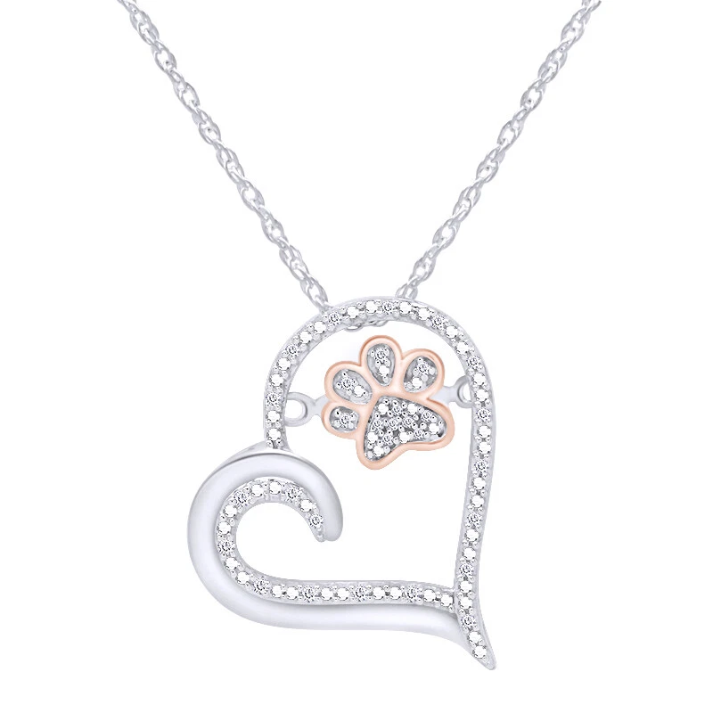 1 9ct Natural Round Diamond Paw Print Heart Pendant Necklace 925
