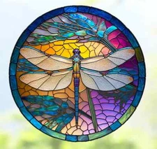 Dragonfly Faux Stained-Glass WINDOW CLING Sun-catcher Size 8" Round Vinyl