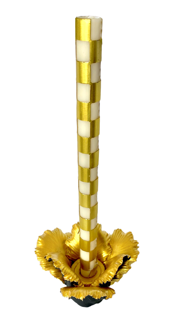 MacKenzie Childs Set of 2 Check Candles & 2 Gold Black Glow Daffodil