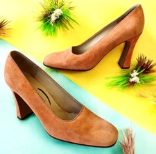 Michel Perry for Charles Jourdan Vtg 80's Orange Suede Square Toe Pump Women 8.5