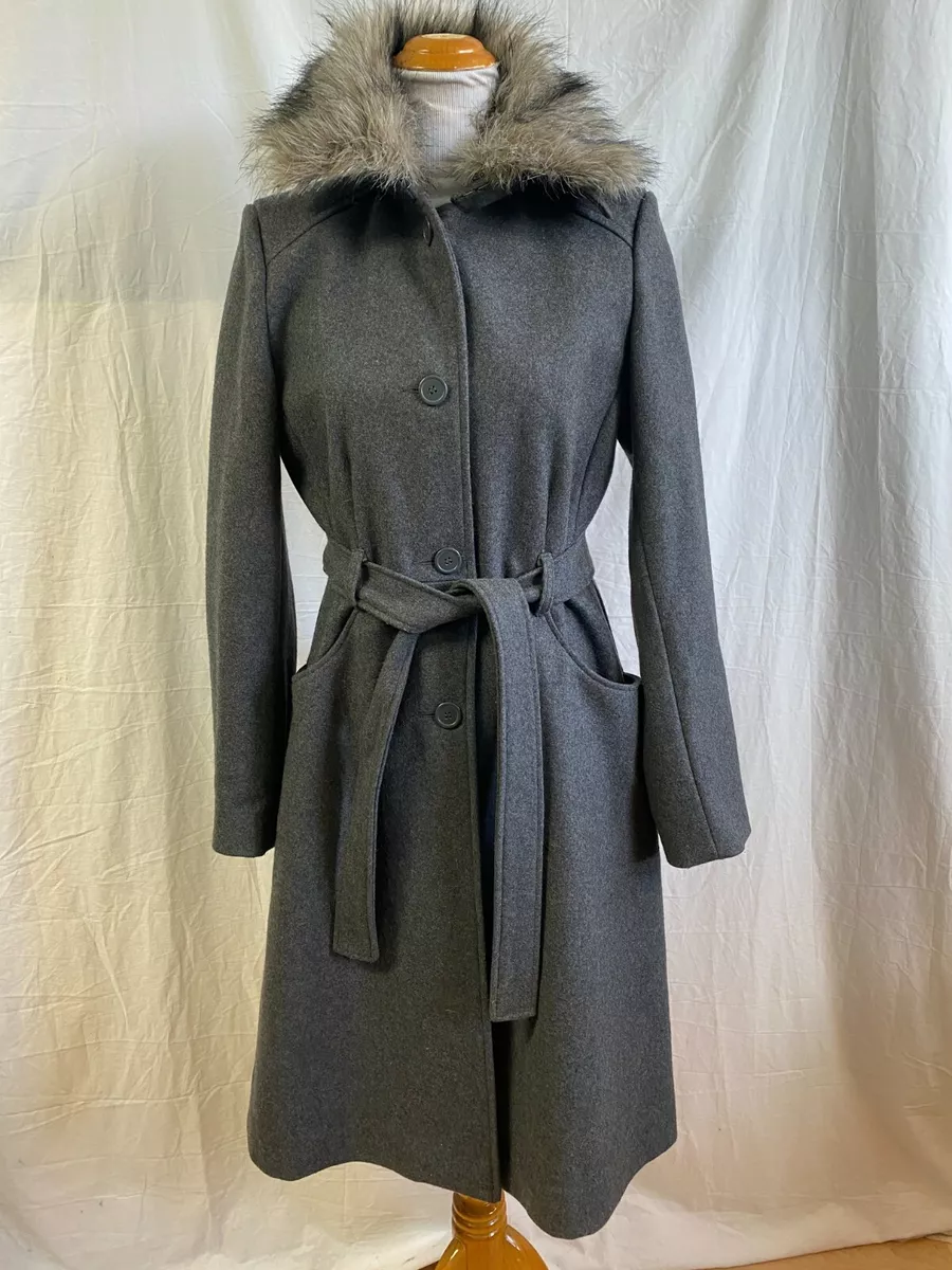BCBG Max Azria Gray Wool Blend Belted Coat Removable Fur Collar Medium