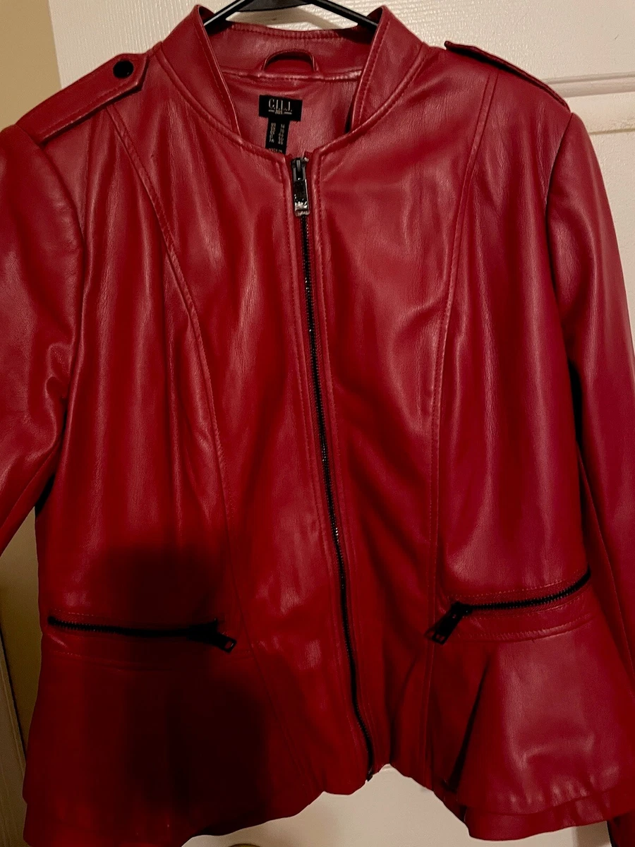 G.I.L.I. Women s Red Faux Leather Full Zip Peplum Jacket Size 14