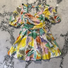 Anthropologie Dress Womens Size L Watercolor Puff Sleeve Mini T Strap Back