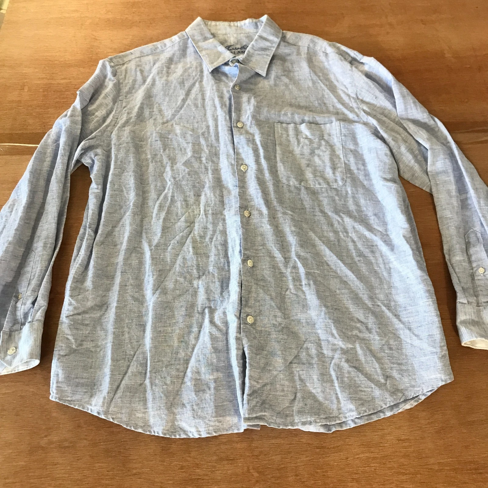Tasso Elba Shirt Men XL Blue Button Up Pocket Linen Cotton Long Sleeve Collared