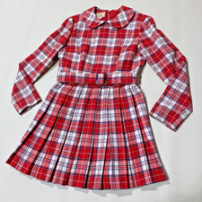 Vintage Girls Coat Dress Pleated Red Tartan School Girls Wool 1950s Prep School