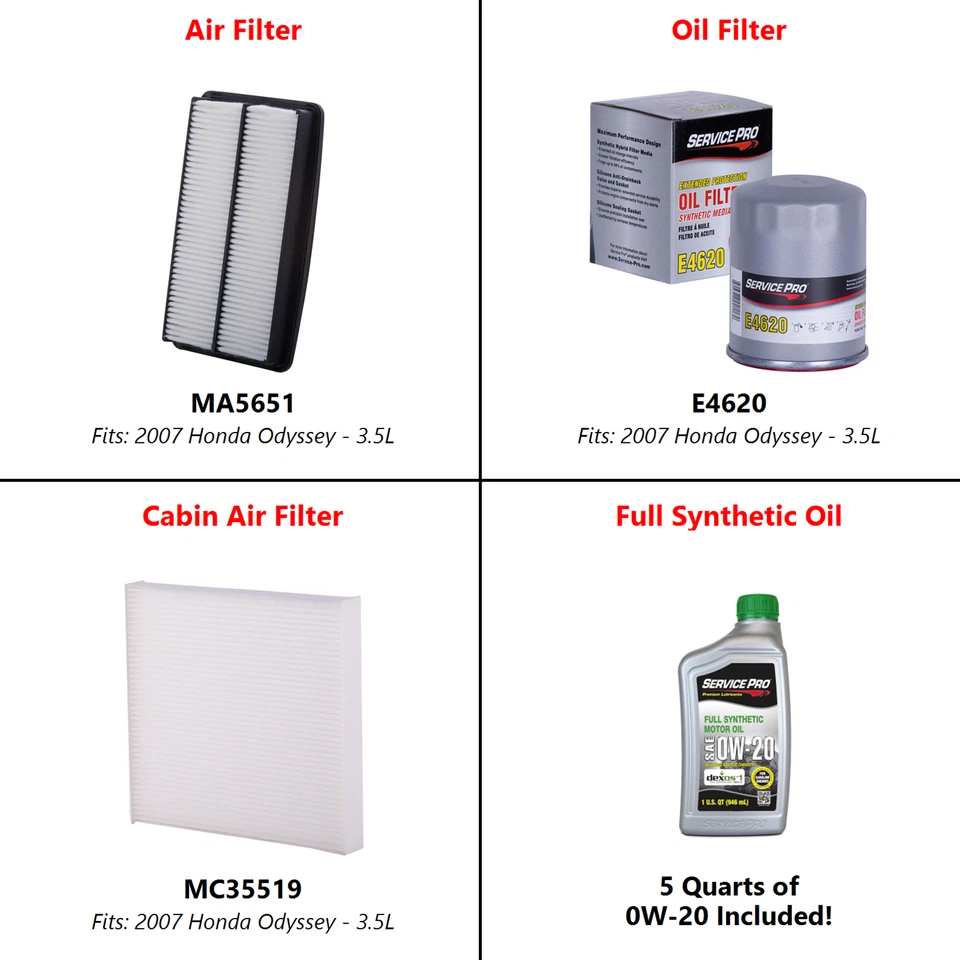 2007 Honda Odyssey 3.5L Complete Oil, Air & Cabin Filter Kit (0W-20) Foto 2 de 4