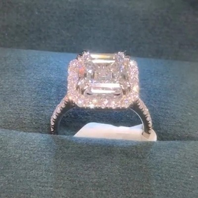 3.86 TCW Asscher Moissanite Halo Engagement Wedding Ring 14K White Gold Plated