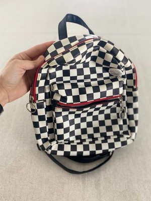 Checkered Backpack Womens Mini Black White Faux Leather Red  display picture 3