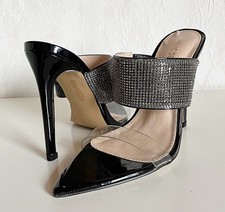 Lack Sandalette High Heels Mules transparent Strass schwarz Gr. 38