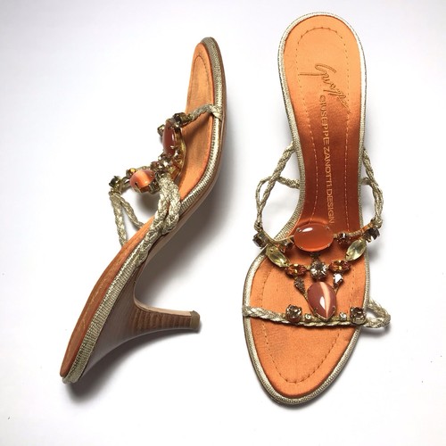 Giuseppe Zanotti Y2K Vtg Tangerine Jewel Gold Rope Goddess Mule Sandals 37.5
