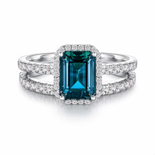 Emerald Cut London Blue Topaz Halo Ring 925 Silver Double Band Engagement Ring