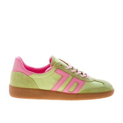 BACK 70 women shoes Ghost sneaker made in lime satin and suede with pink