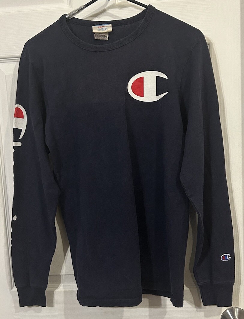 Vintage Champion Mens Shirt Size S Navy Blue Signature Logo Long