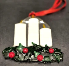 Handcrafted Stained Glass Ornament Candle Holly Berries 3x3" YK