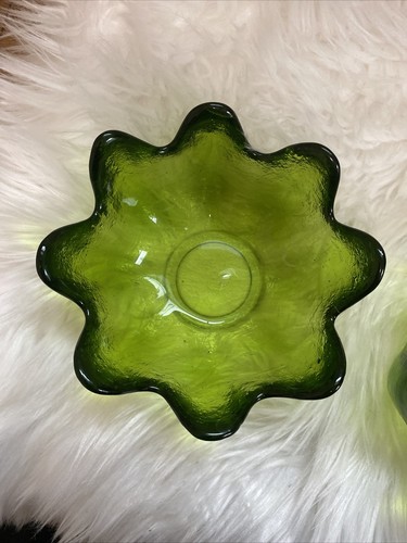 Set Of (2) Vintage Blenko Green Glass 8 Petal 5" Salad Dessert Bowl - Picture 3 of 6