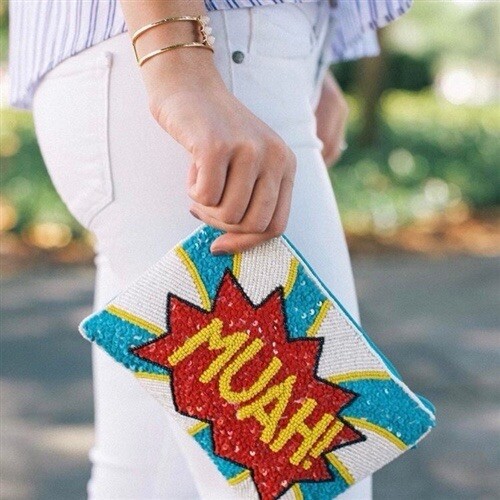 From St Xavier Blanche Muah Clutch Bag Beaded Pop Art Convertible Strap  Purse