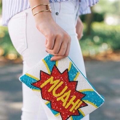 From St Xavier Blanche Muah Clutch Bag Beaded Pop Art Convertible Strap  Purse