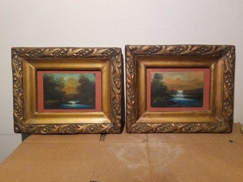 18th Century ANTIQUE 2 VINTAGE SUPERB BEAUTIFUL FRENCH OIL PAINTING River Fall