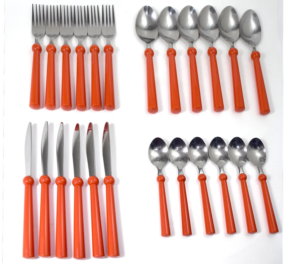 Ikea Grammatik Besteck 24 tlg 6 Personen Retro Edelstahl roter Kunststoff - Bild 4 von 4