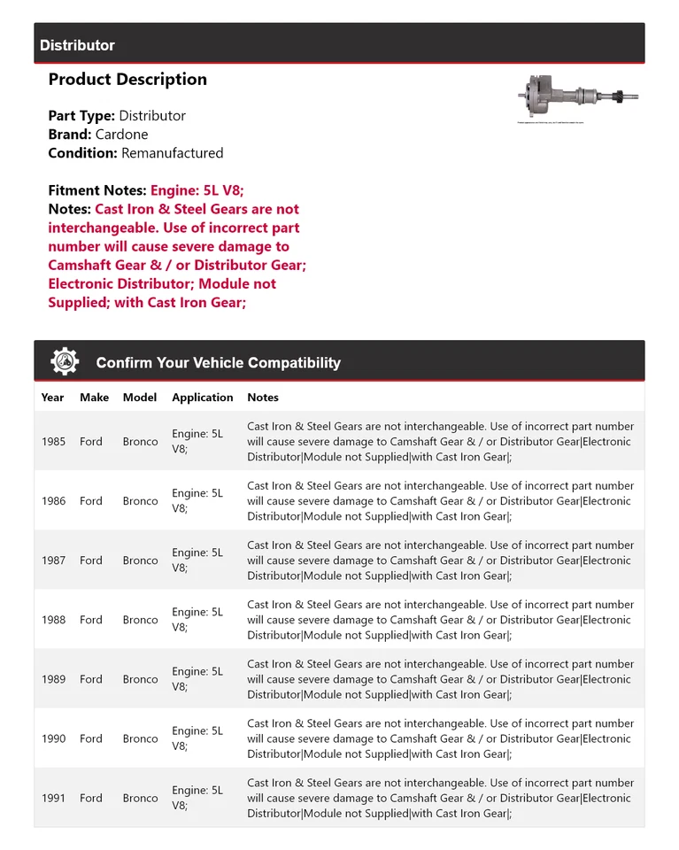 适用于 1985 - 1991 年福特野马 5L V8 分销商 Cardone 1986 1987 1988 1989 1990 — 第 2/4 张图片