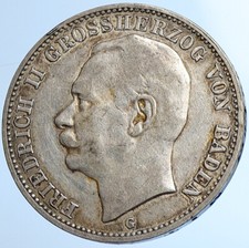 1909 G Baden German State KING FREDERICK II Eagle Old SILVER 3 Mark Coin i108425