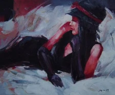 20x24 Reclining Girl with Black Shirt and Hat Oil Painting Impressionism
