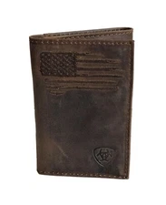 ARIAT Men's Brown Distressed Leather Trifold Wallet USA Flag 