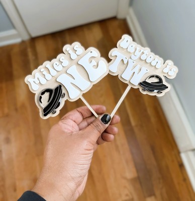 Personalized UFO Cake Topper for Space Themed First or Second Birthday Party
