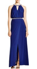 AIDAN MATTOX  Navy Jersey Beaded Blouson Halter Neck Formal Gown 14 NEW 295
